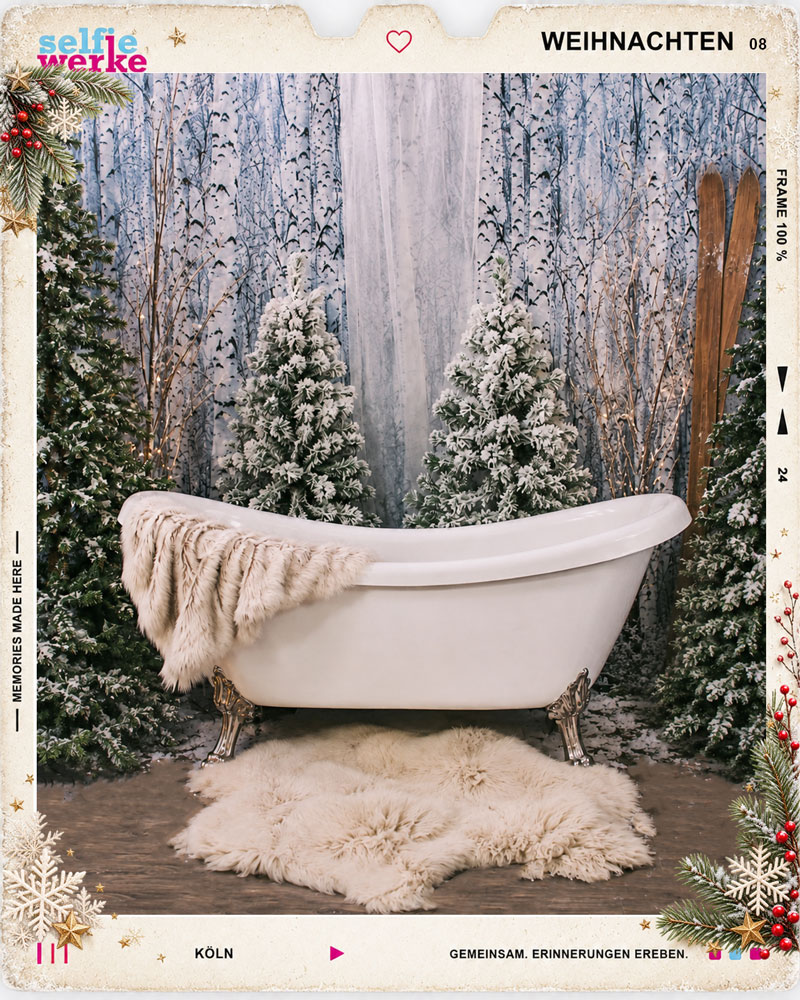 Winterliche Badewannen-Kulisse beim Weihnachtsfotoshooting im Selfie Studio Köln