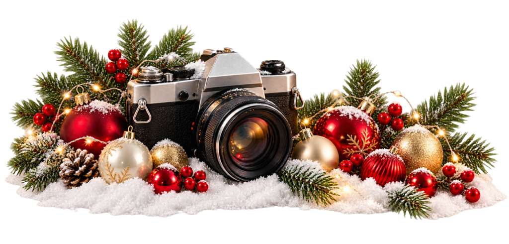 Kamera und Weihnachtskugeln im Schnee beim Weihnachtsfotoshooting in Köln